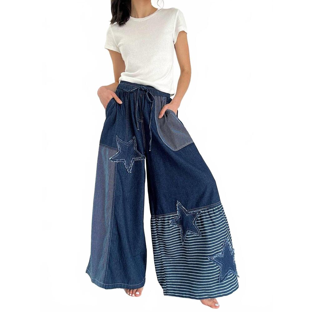 NEW MELLO frayed star patch wide pants in denim
